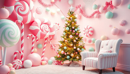 Candy cane theme pink Christmas tree decoration, holiday festive and celebration