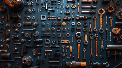 Fototapeta premium Flatlay of various tools and metal parts arranged on a dark blue background.