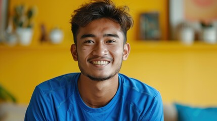 Obraz premium A smiling young man in a blue shirt against a bright yellow background.