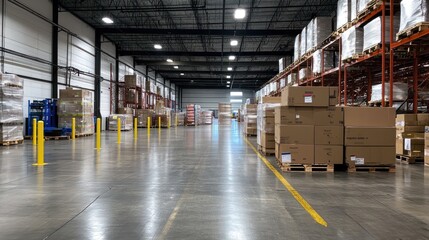 A large warehouse with rows of pallets stacked with cardboard boxes, yellow safety posts lining the aisle, and a clear view down the long, empty space.