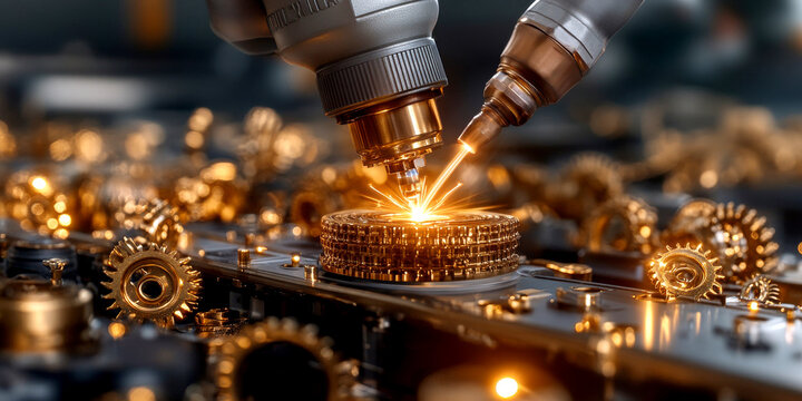 Robotic arms operating laser welding machine assembling watch movement gears