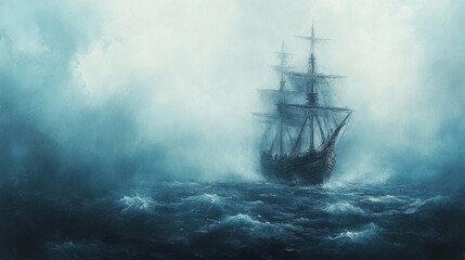Obraz premium Ship sailing through misty waters on a stormy day. 