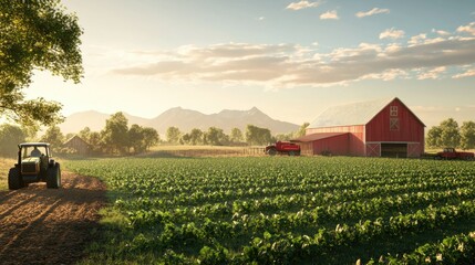 Peaceful Rural Landscape with Farm Tractor, Expansive Green Crop Fields, and Vibrant Red Barn Under Soft Morning Light in Scenic Mountain Setting