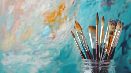 A glass jar filled with paintbrushes against a backdrop of colorful abstract artwork.