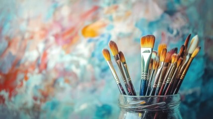 A collection of paintbrushes in a glass jar against a blurred background of colorful paint splatters.