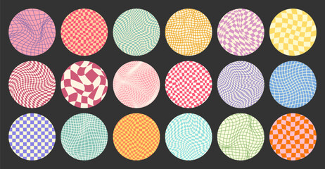 Groovy checkered pattern, round colorful tiled grid. Vintage wavy curved backdrop, distortion effect. Funky geometric chessboard texture, retro background in 90s style, y2k. Vector illustration