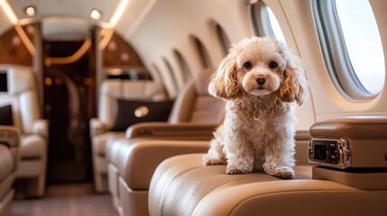 A small white dog sits on a leather seat in a private jet, looking at the camera.