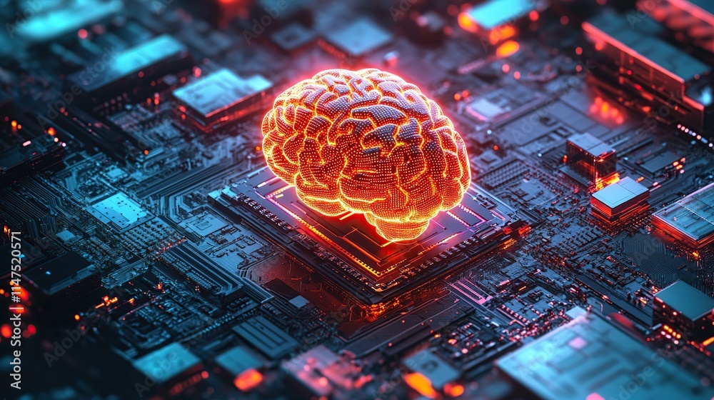 Poster glowing brain on a circuit board, representing artificial intelligence and neural networks.