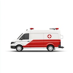 Modern Ambulance with Red Cross Symbol and Emergency Lights, Profile View, Ideal for Medical, Emergency, and Transportation Contexts.