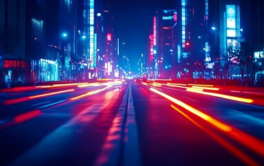 Obraz premium Night city street with vibrant light trails from moving vehicles.
