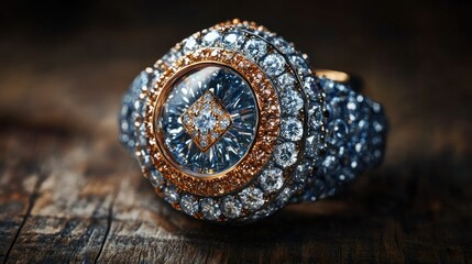 Fototapeta premium Stunning luxurious ring adorned with sparkling diamonds and a unique blue gemstone centerpiece, set against a rustic wooden background for a captivating look.