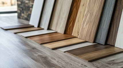 A variety of wood flooring samples are displayed on a wood floor in a showroom.