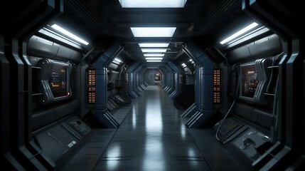 Obraz premium Futuristic spaceship corridor with glowing panels and metallic walls.