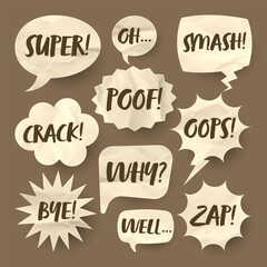 Crumpled brown paper comic speech bubbles. Hand drawn retro cartoon stickers with text. Pop art style. Old, vintage dialog boxes with cardboard texture. Vector illustration