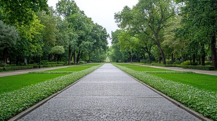 Obraz premium Serene park pathway with lush greenery and neatly trimmed lawns on a cloudy day.