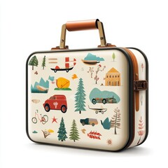 Vintage Style Travel Suitcase with Illustrated Nature Icons Featuring Trees, Mountains, Vehicles, and Outdoor Elements for Perfect Travel Aesthetic