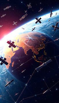 Satelites orbiting the Earth with Red Sunrise, showcasing Technological Progress, and Global Connectivity, Ideal for space, communication, and satellite projects
