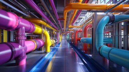 Obraz premium Brightly colored industrial pipes fill a large facility. Illustrates modern industrial design, technology, or infrastructure.