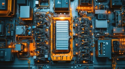 Futuristic technology, circuit board, glowing orange, metallic components, complex system.