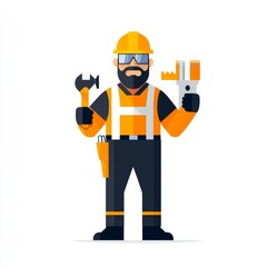 Skilled Worker in Safety Gear Holding Tools for Construction Project, Featuring Hammer and Power Tool in Bright Colors, Ideal for Construction and Labor Themes