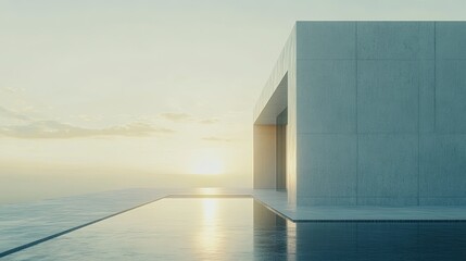 Obraz premium Minimalist architecture with sleek concrete structure overlooking tranquil infinity pool and serene sunset landscape, evoking calm and contemporary elegance in design.