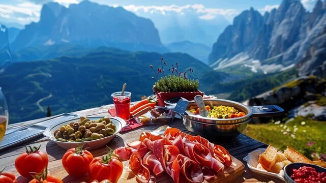 Savoring a delightful spread of italian delicacies, with the majestic peaks of the dolomites providing a stunning backdrop