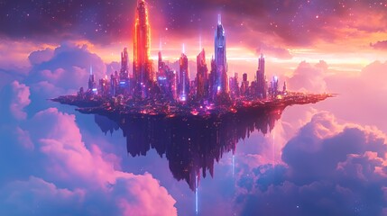Naklejka premium A Futuristic City Floating Above Clouds At Sunset