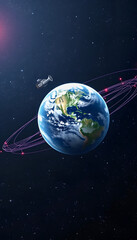 Fototapeta premium Global communication network orbiting the Earth in space, isometry, with white tones