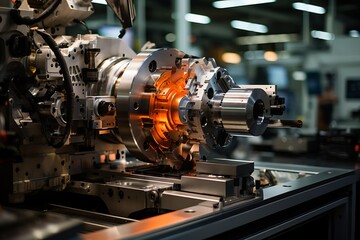 Obraz premium Close-up of intricate machinery in a factory setting, showcasing complex metal parts and advanced technology.