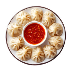 Plated momo dumplings with red chili dipping sauce isolated on transparent background, cut out, PNG
