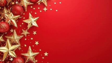 A cheerful holiday greeting card with a bright red background, golden stars, and a blank white space for a Merry Christmas message