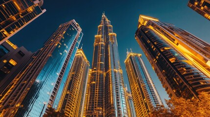 Fototapeta premium Majestic skyline view of illuminated skyscrapers at dusk showcasing the iconic tower amidst modern architecture and vibrant city lights in a bustling urban environment.