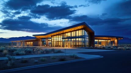 Obraz premium Modern architectural building with striking design illuminated at night, surrounded by desert landscape and dramatic cloud formations under twilight sky