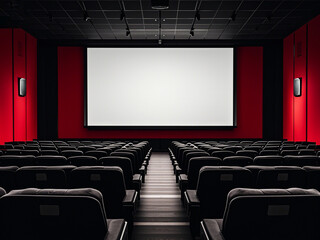 Obraz premium Empty movie theater with rows of black seats and a large projection screen 