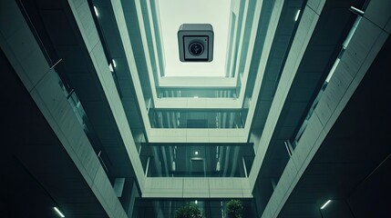 Fototapeta premium Modern Architectural Design Featuring Unique Camera Installation in a Sleek Urban Courtyard with Minimalistic Aesthetic and Symmetrical Lines