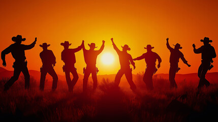 Fototapeta premium Silhouette of group of country western dancers Cowboy silhouette western dance hall. Cowboy with guns dancing party at sunset. Group of cowboy square dance silhouette 
