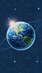 Fototapeta premium Majestic Earth Zoom In Orbit Starry Background. Planet Rotate Surface Star Light Glow Outer Space Deep Universe Exploration Concept 3D Animation, crayon drawing, with white tones