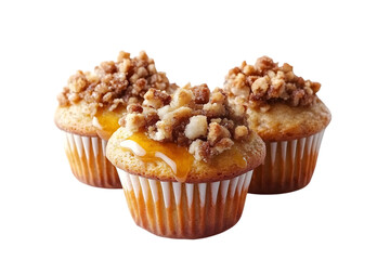 Warm muffins with a crumble topping and honey drizzle isolated on transparent background, cut out, PNG