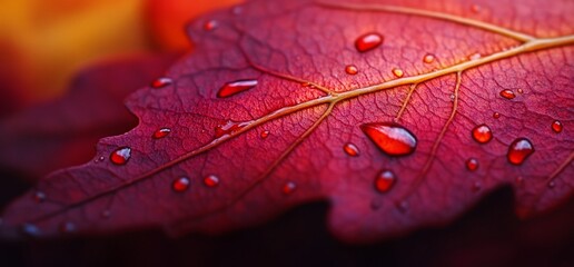 Fototapeta premium Close-up of a red leaf with water droplets.