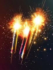 Realistic Firecrackers with Light Explosive Effect, Firework Rockets with Sparkling Fireworks Explosions. Vector Illustration 