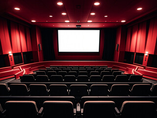 Obraz premium Empty movie theater with rows of black seats and a large projection screen 