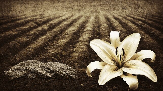 conceptual image where the delicate petals of a lily overlap with rows of economic plants like hemp or flax, blending natural beauty with agricultural industry. [Lily]:[Economic plant] 