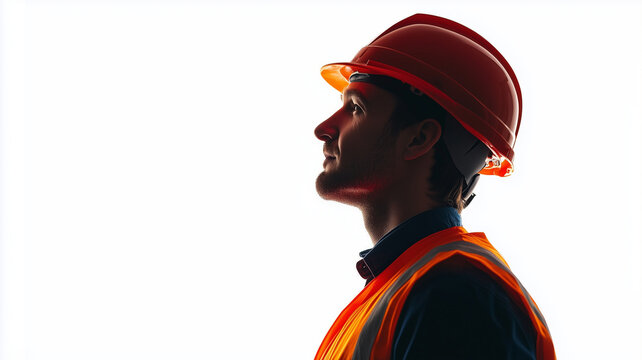 silhouette of engineer man wearing safety vest and helmet, showcasing determination and focus. image captures essence of safety in construction environments