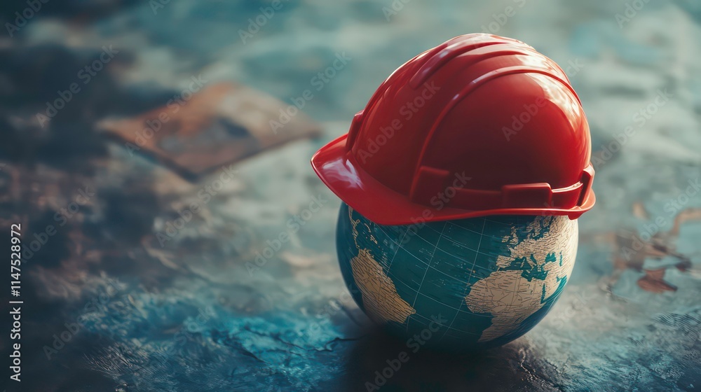 Poster red hard hat on a small globe.