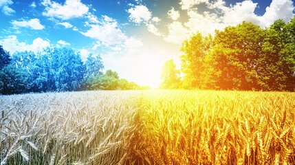 conceptual image of a lily flower fading into a field of economic plants like barley or wheat, representing the balance between ornamental cultivation and agricultural productivity. [Lily]:[Economic 