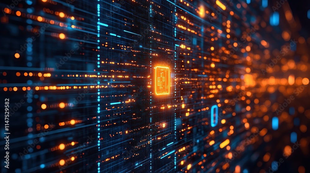 Poster abstract digital data stream with glowing lines and central processing unit.