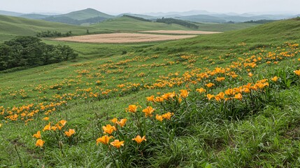 Obraz premium side view of a lily field with a distant backdrop of economic plants like barley or wheat, representing the coexistence of ornamental flowers and staple agricultural crops. [Lily]:[Economic 