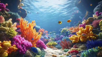 Naklejka premium Colorful coral reef scene with vibrant marine life and underwater plants