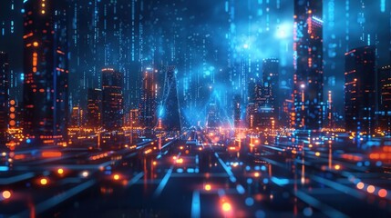 Obraz premium Futuristic cityscape with glowing data streams and vibrant lights.