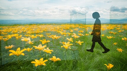 silhouette of a person walking through a lily field, with an overlay of economic plants like flax or cotton in the background, symbolizing the economic value of both ornamental and practical 